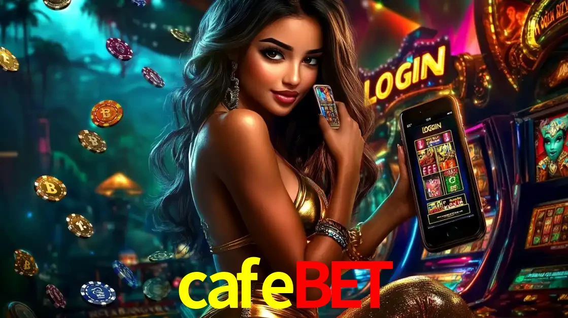 Mulher em um cenário de cassino temático de aventura, mostrando o app de caça-níqueis da cafebet no celular. Fichas de apostas flutuam ao redor.