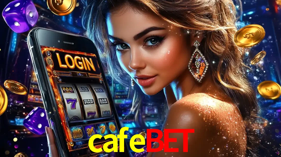 Mulher glamorosa segurando um smartphone com a tela de login para os jogos de caça-níqueis do cassino online cafebet, com moedas de ouro e dados ao redor.