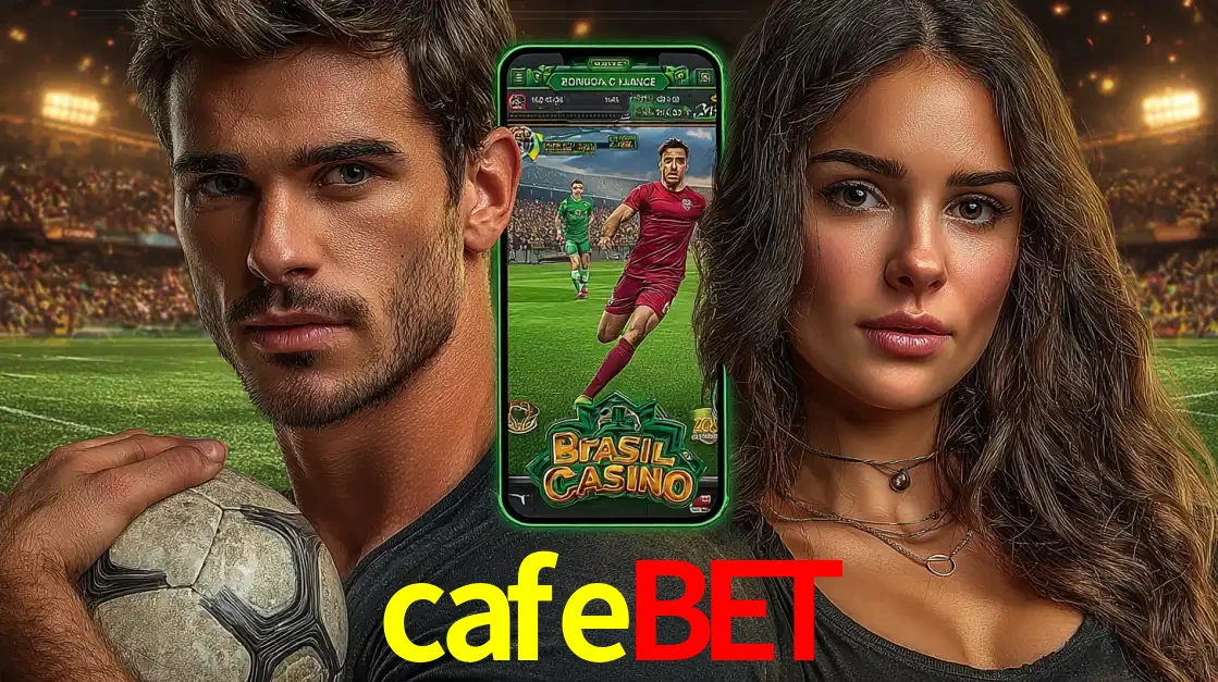 Homem segurando uma bola de futebol e uma mulher ao lado de um smartphone exibindo o jogo de apostas esportivas da cafebet. Faça seu palpite no cassino online.